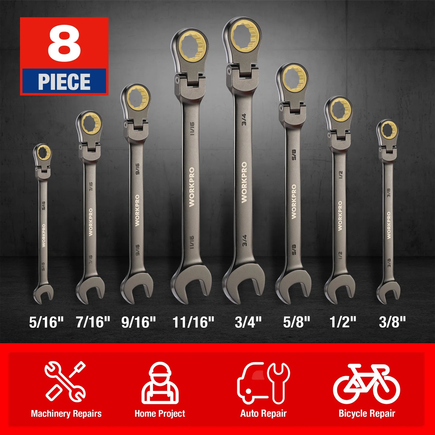 WORKPRO 8pcs Flex-Head Ratcheting Combination Wrench Set