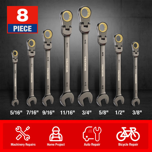 WORKPRO 8pcs Flex-Head Ratcheting Combination Wrench Set