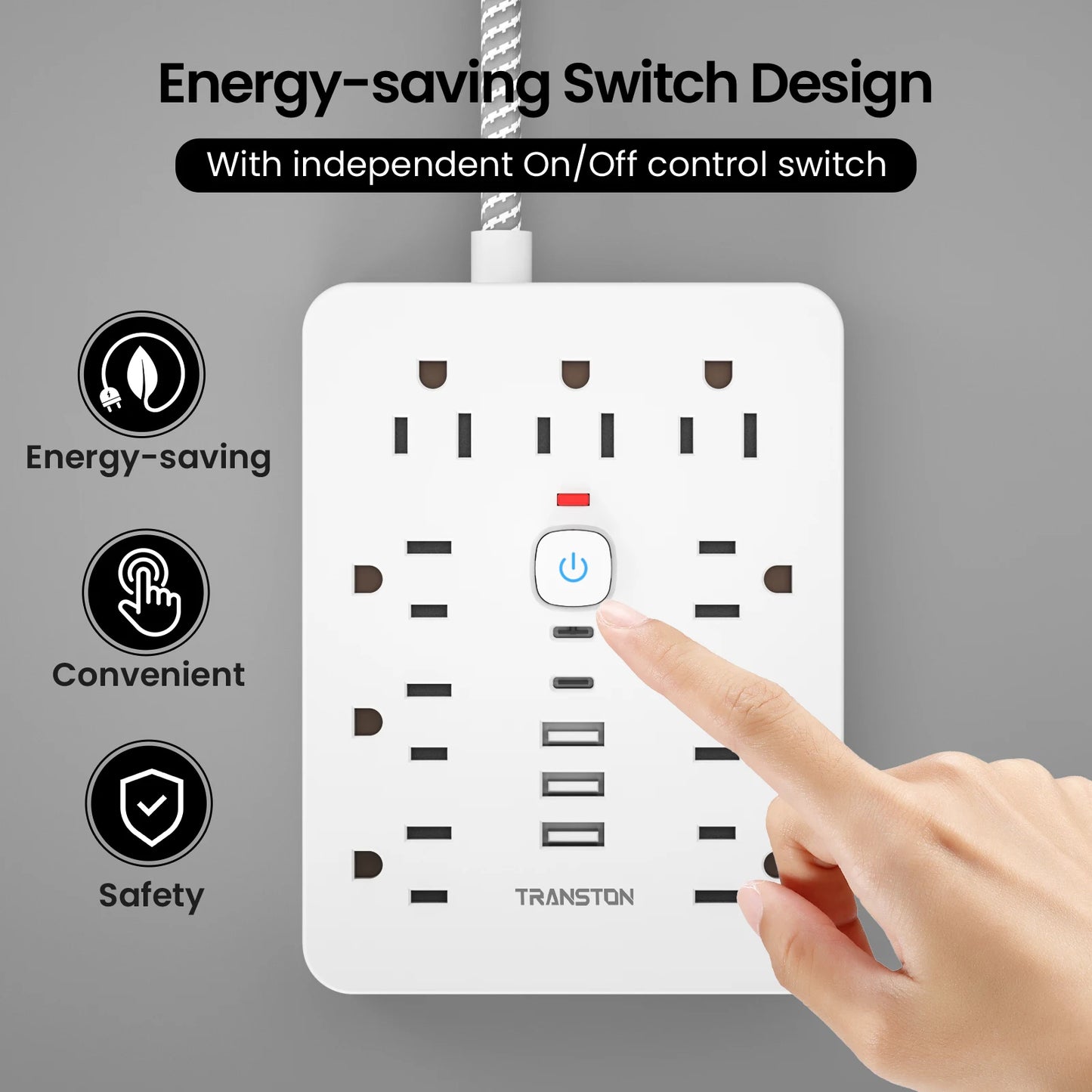 TRANSTON   power strip surge protector with 9 Ac Outlets,3 USB & 2 USB-C,5ft Cable,45° tilt plug,white