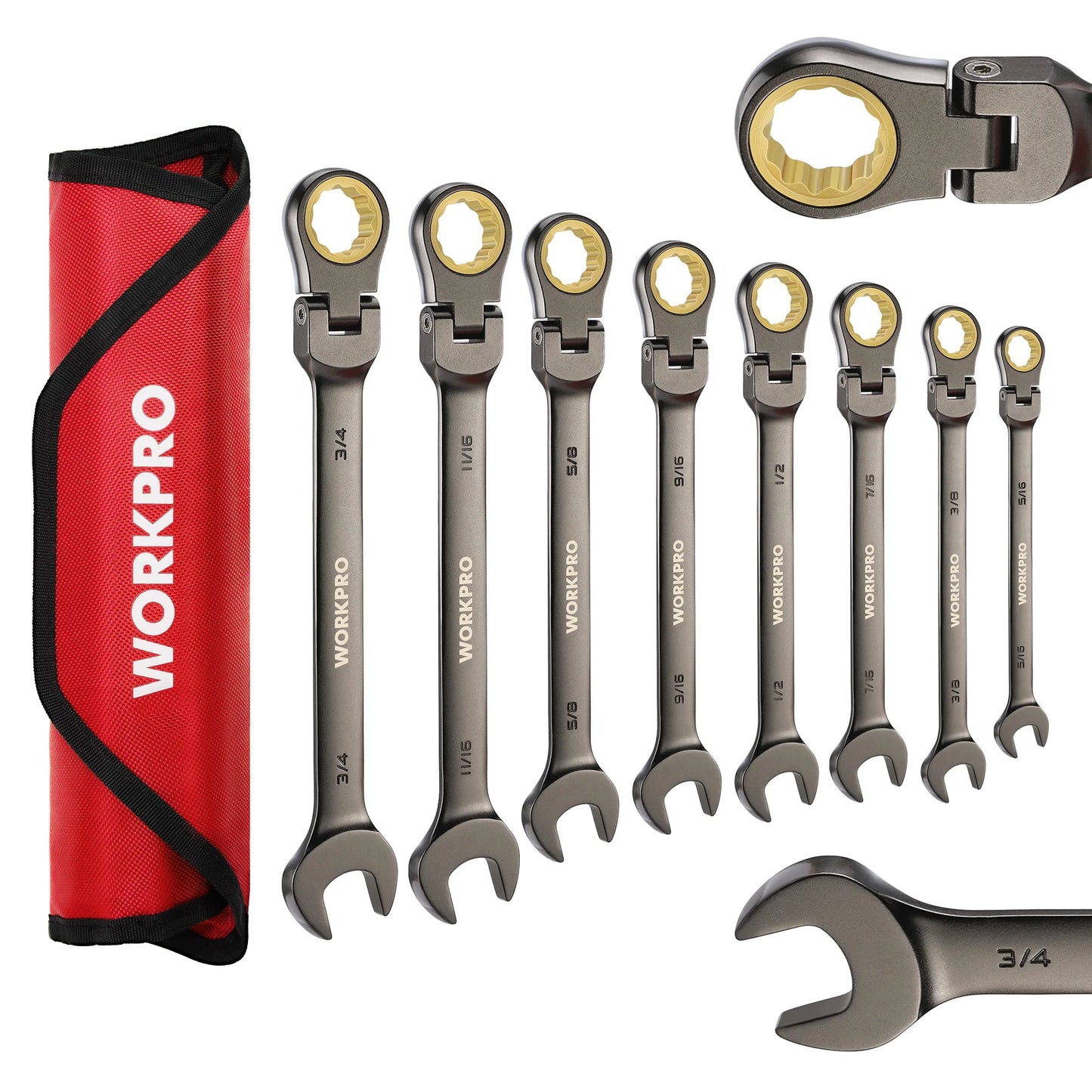 WORKPRO 8pcs Flex-Head Ratcheting Combination Wrench Set