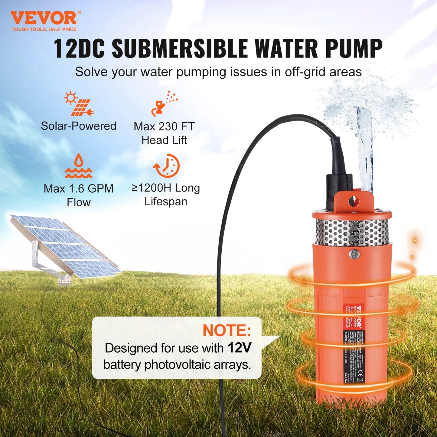 SucceBuy Solar Water Pump 12V DC Submersible Deep Well Pump Max Flow 1.6 / 3.2 / 9.25 / 8.4 GPM for Well, Farm Ranch Irrigation

SucceBuy 12V  Solar Water Submersible Pump