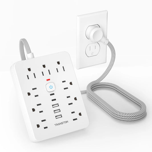 TRANSTON   power strip surge protector with 9 Ac Outlets,3 USB & 2 USB-C,5ft Cable,45° tilt plug,white