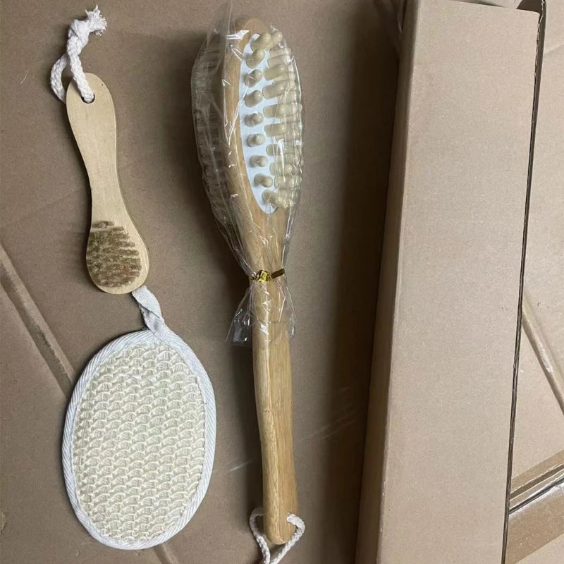 5Pieces Natural Bristle Bath Brush Set Exfoliating Promote Blood Circulations Massage Brush Wooden Body Dry Brush