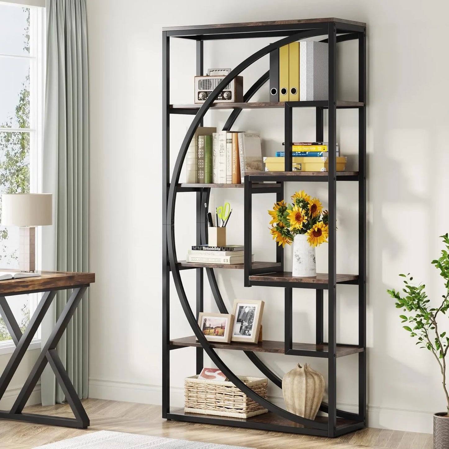 Bookshelf, Industrial 5-Tier Etagere Bookcase, 70.8 inch Tall,  Tack Shelving Unit