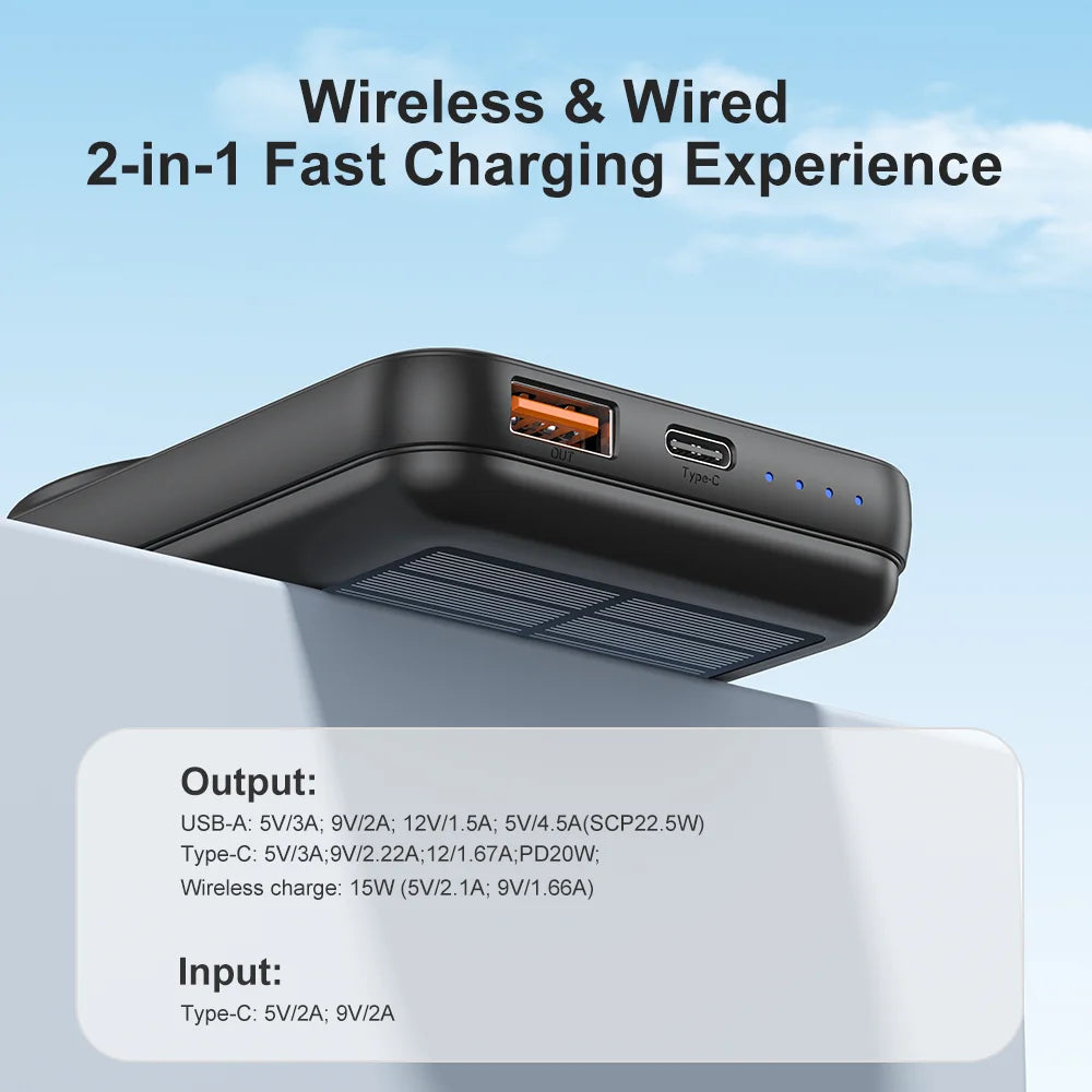 15W Solar Magnetic Power Bank 10000mAh, Wireless Charger w/ USB & USB-C, PD20W Fast Charge, Portable Solar Charger for Phones