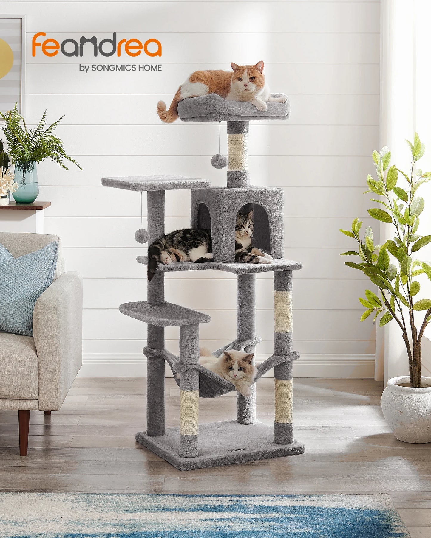 Feandrea Cat Tree, 56.3-Inch  Multi-Level Cat Condo with 4 Scratching Posts, 2 Perches, Hammock, Cave