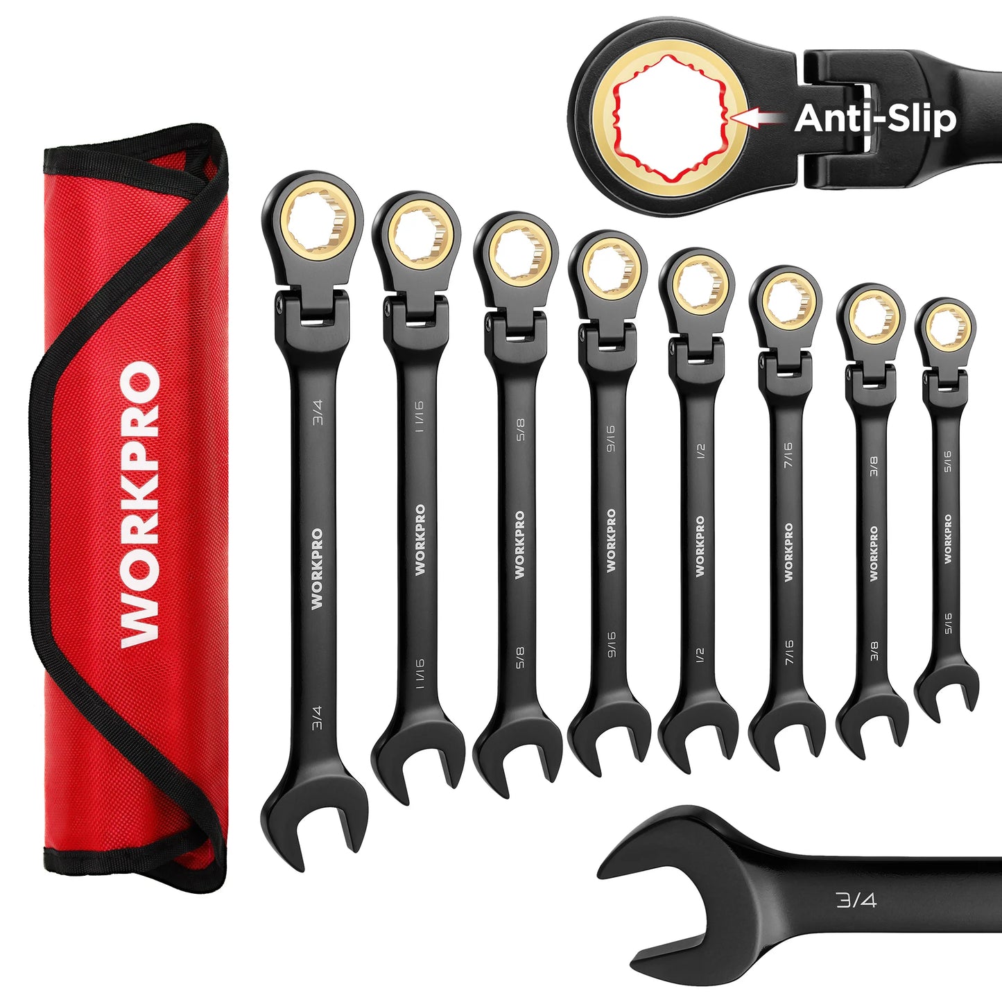WORKPRO 8pcs Flex-Head Ratcheting Combination Wrench Set