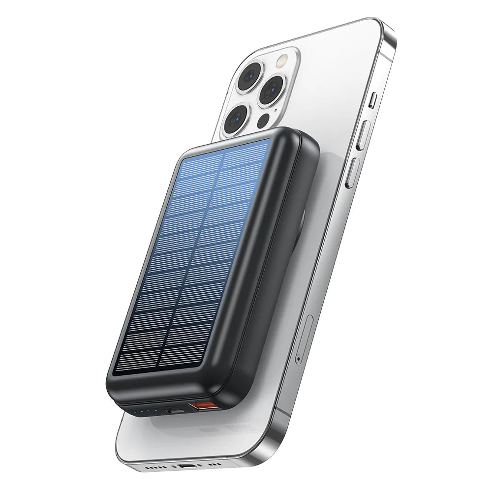 15W Solar Magnetic Power Bank 10000mAh, Wireless Charger w/ USB & USB-C, PD20W Fast Charge, Portable Solar Charger for Phones