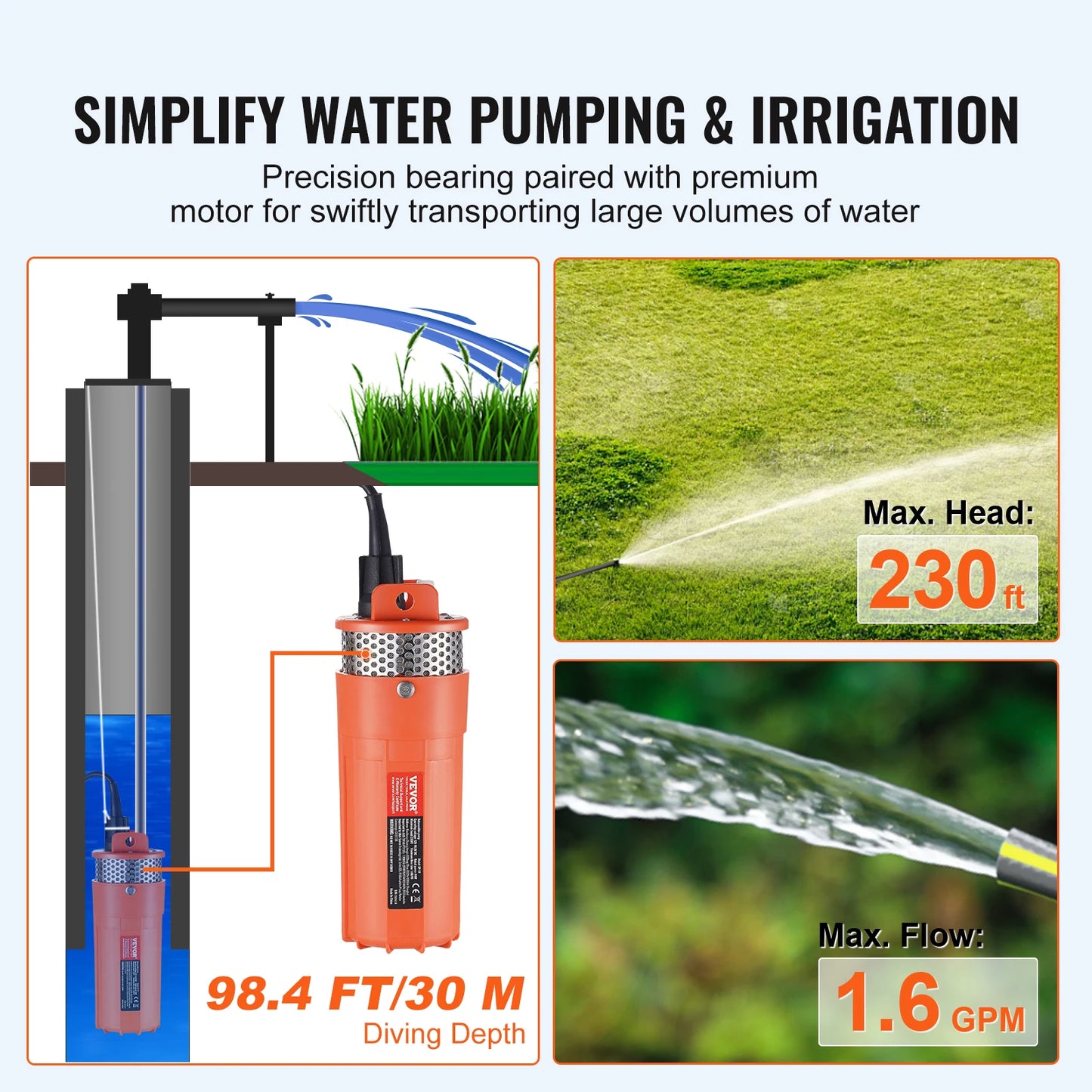 SucceBuy Solar Water Pump 12V DC Submersible Deep Well Pump Max Flow 1.6 / 3.2 / 9.25 / 8.4 GPM for Well, Farm Ranch Irrigation

SucceBuy 12V  Solar Water Submersible Pump