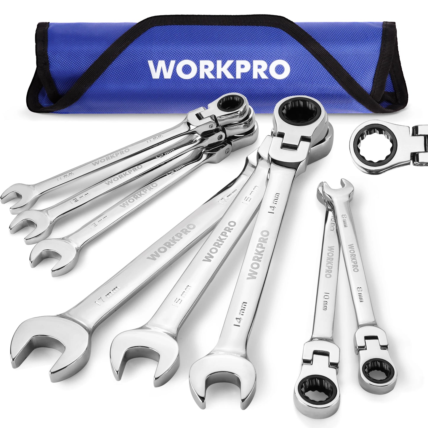 WORKPRO 8pcs Flex-Head Ratcheting Combination Wrench Set