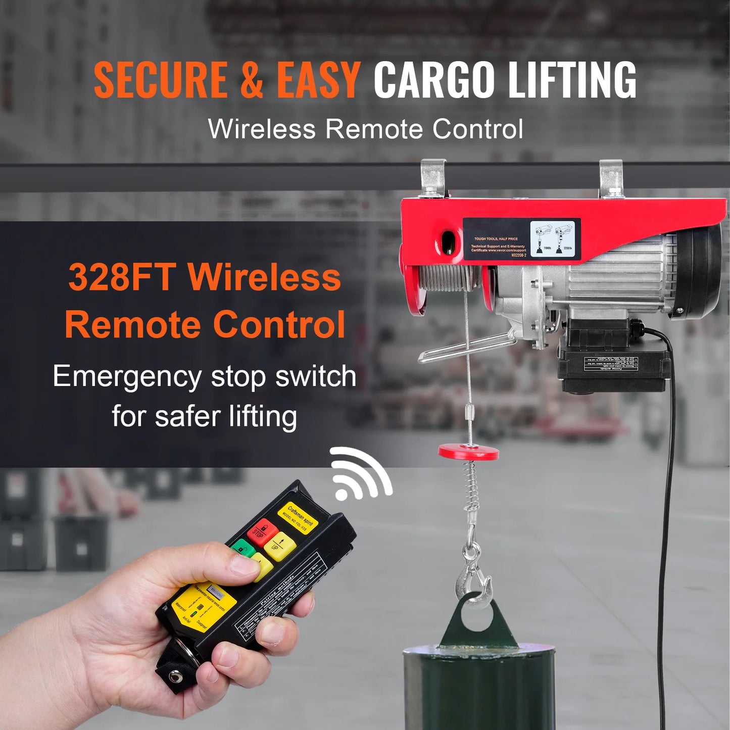 SucceBuy 1320-2200 lbs Wireless Electric Hoist with 40ft Single Cable Lifting Height Steel Wire Winch for Garage Warehouse