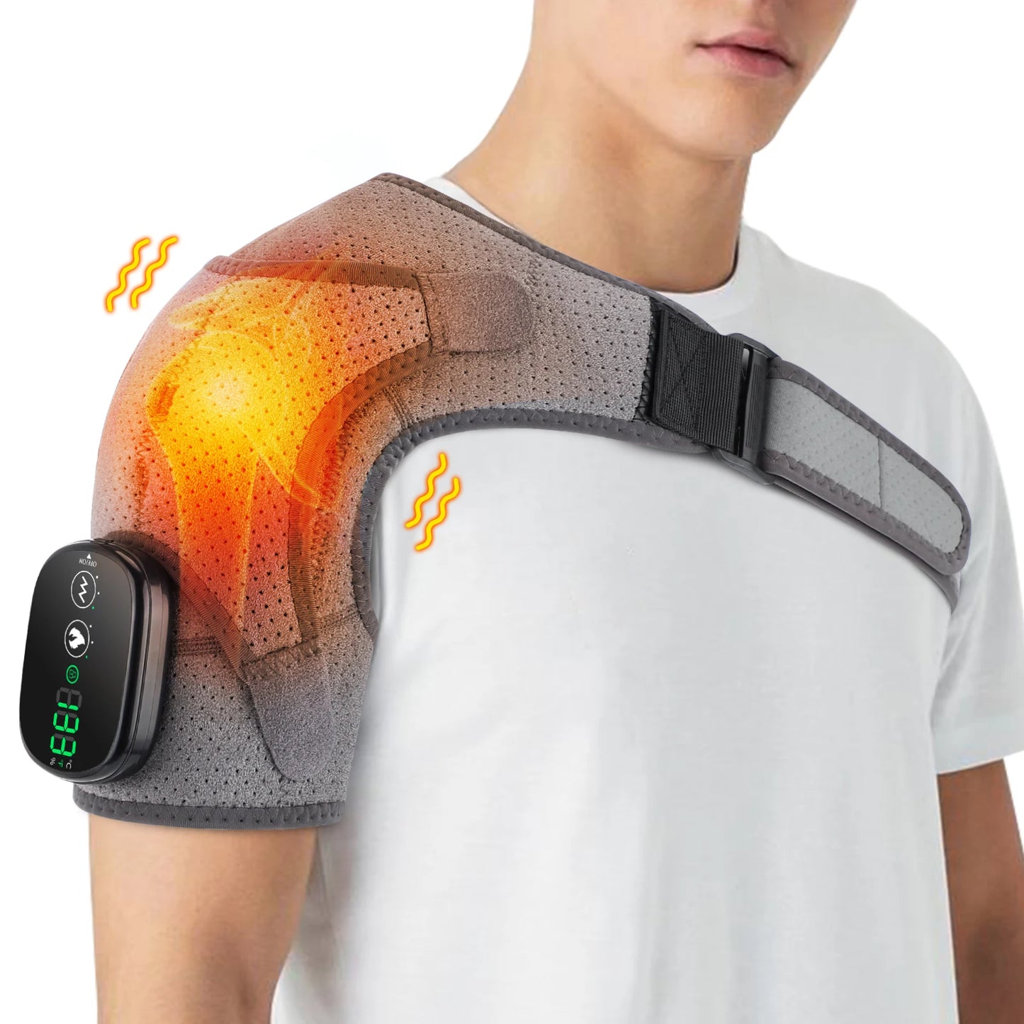 Adjustable shoulder brace with heat and vibration