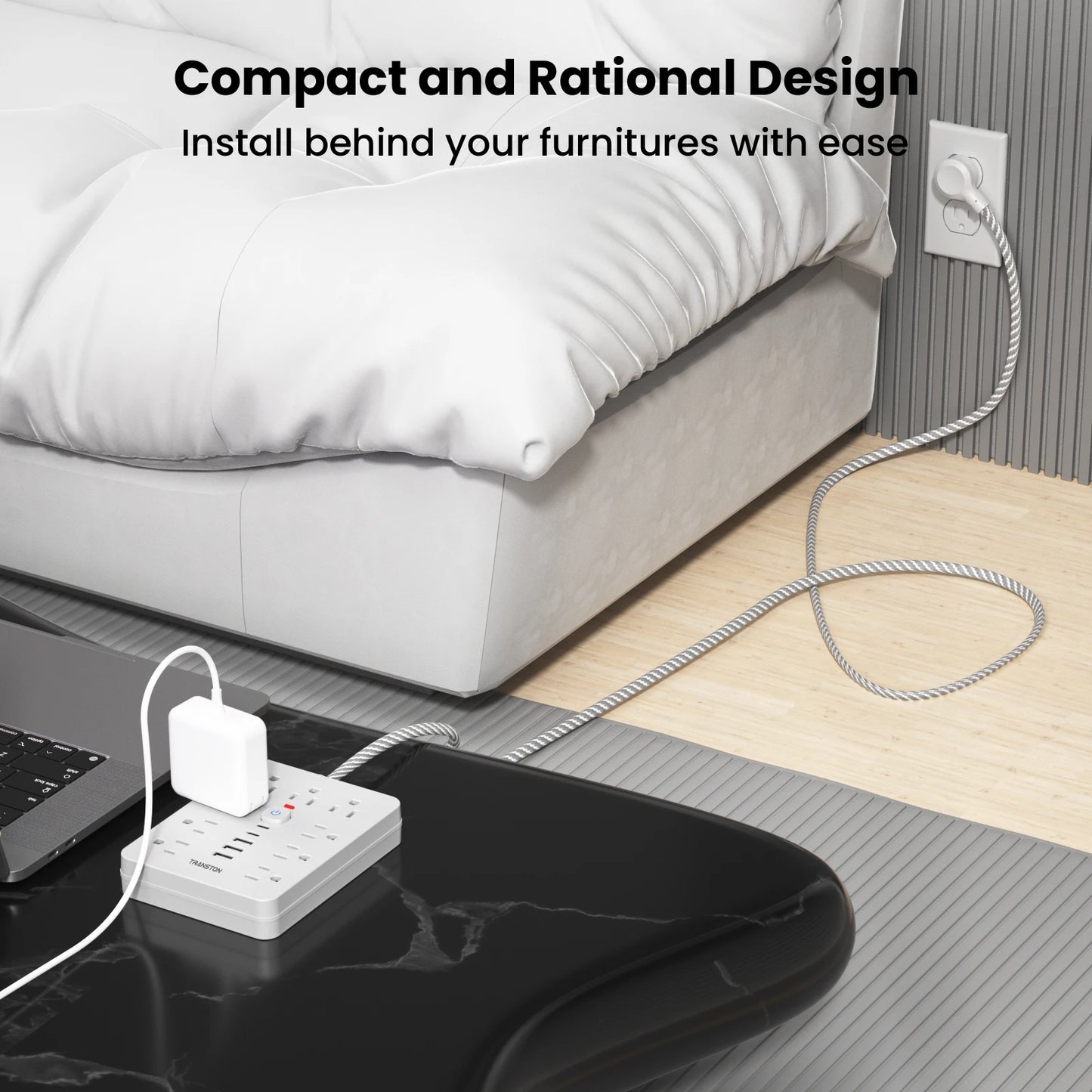 TRANSTON   power strip surge protector with 9 Ac Outlets,3 USB & 2 USB-C,5ft Cable,45° tilt plug,white