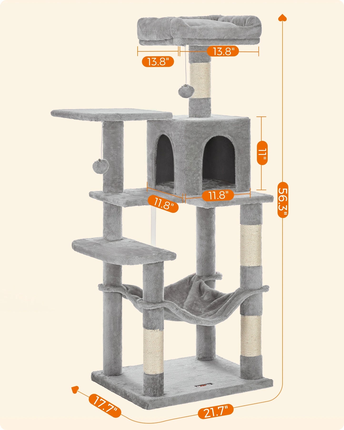 Feandrea Cat Tree, 56.3-Inch  Multi-Level Cat Condo with 4 Scratching Posts, 2 Perches, Hammock, Cave