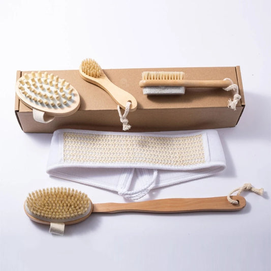 5Pieces Natural Bristle Bath Brush Set Exfoliating Promote Blood Circulations Massage Brush Wooden Body Dry Brush