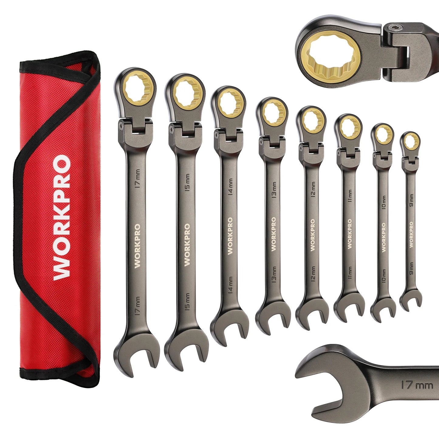 WORKPRO 8pcs Flex-Head Ratcheting Combination Wrench Set