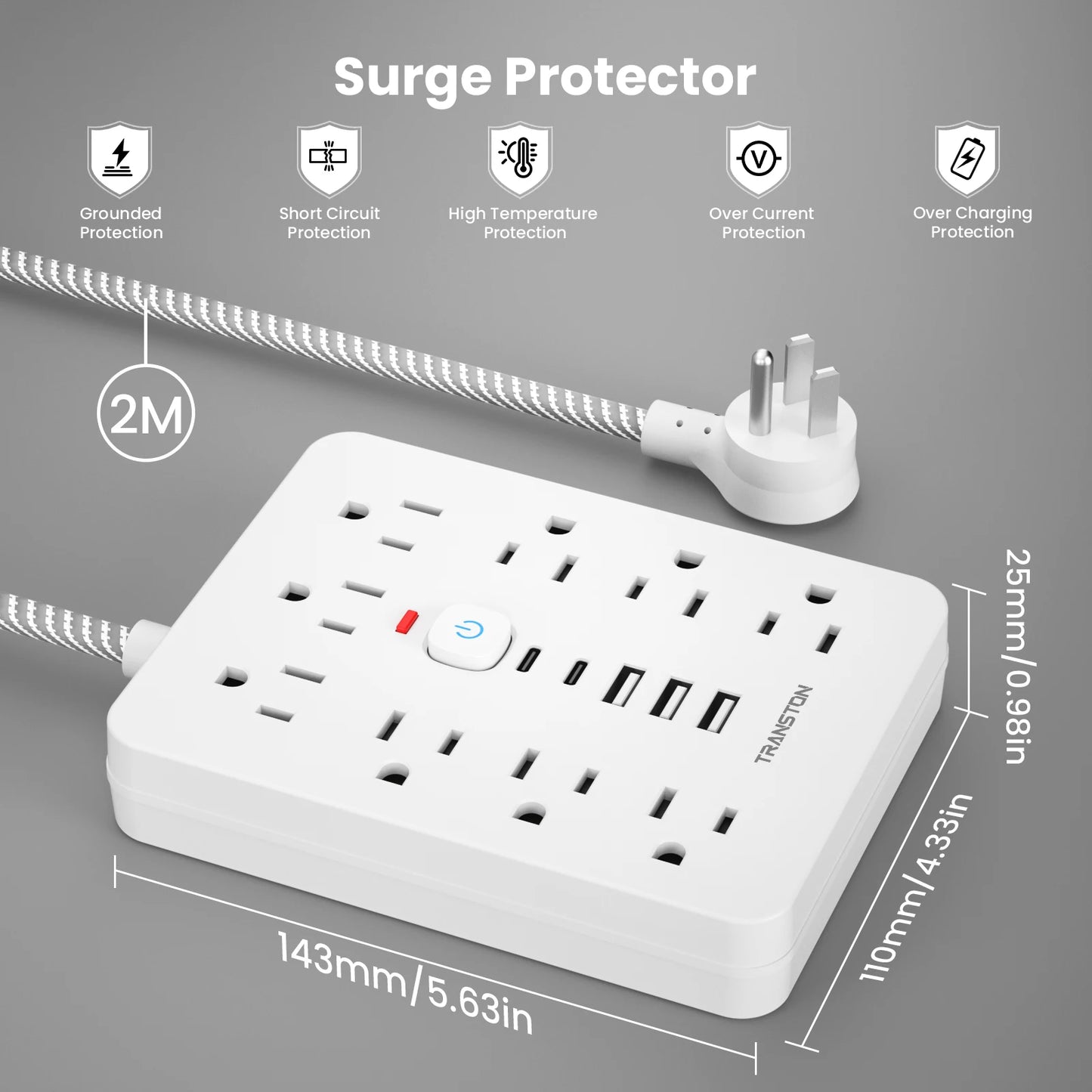 TRANSTON   power strip surge protector with 9 Ac Outlets,3 USB & 2 USB-C,5ft Cable,45° tilt plug,white
